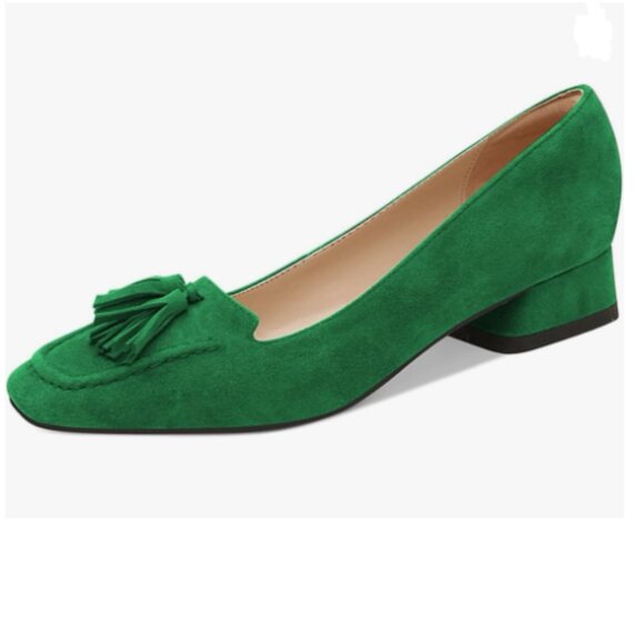 YDN Green Block Low Heel Loafers Square Toe Tassel Fringed Slip On Dress Pump - Picture 1 of 7